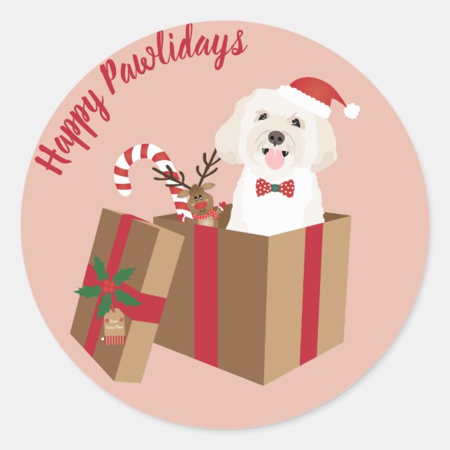 Happy Pawlidays Maltipoo Weihnachtsgeschenk Runder Aufkleber (Vorderseite)