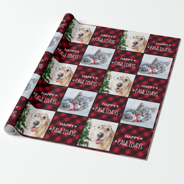 Happy Pawlidays Red Buffalo Kariert Custom 2 Foto Geschenkpapier (Ungerollt)