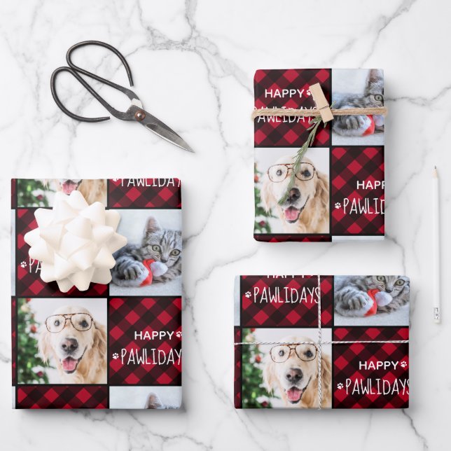 Happy Pawlidays Red Buffalo Kariert Custom 2 Foto Geschenkpapier Set (Vorderseite)