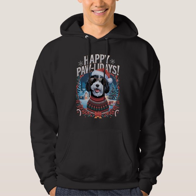 Happy Pawlidays Sheepadoodle Frohe Weihnachten Hoodie (Vorderseite)