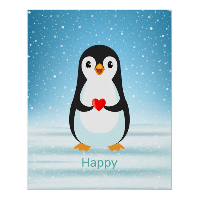 Happy Penguin Holding a Heart Poster (Vorderseite)