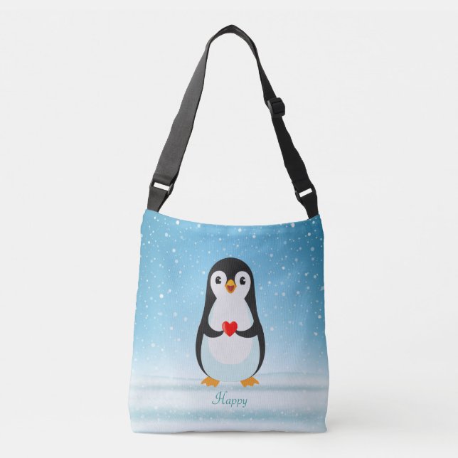 Happy Penguin Holding a Heart Tragetaschen Mit Langen Trägern (Vorderseite)