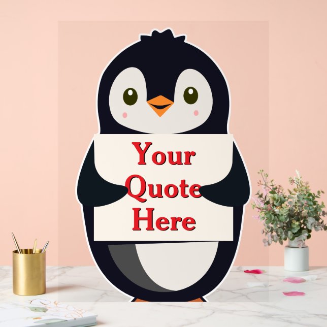 Happy penguin holding a sign to personalize acrylschild (Hochzeit)