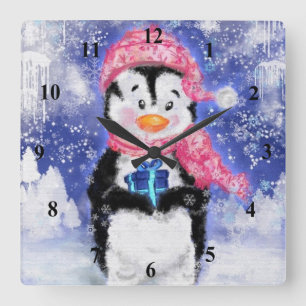 Happy Penguin - Weihnachten - Quadratische Wanduhr