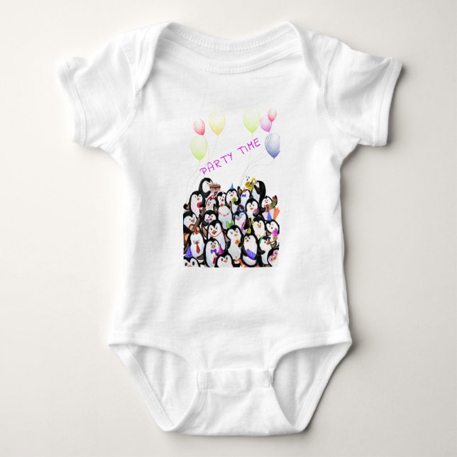 Happy Penguins Party Cartoon Baby Bodysuit Baby Strampler (Vorderseite)