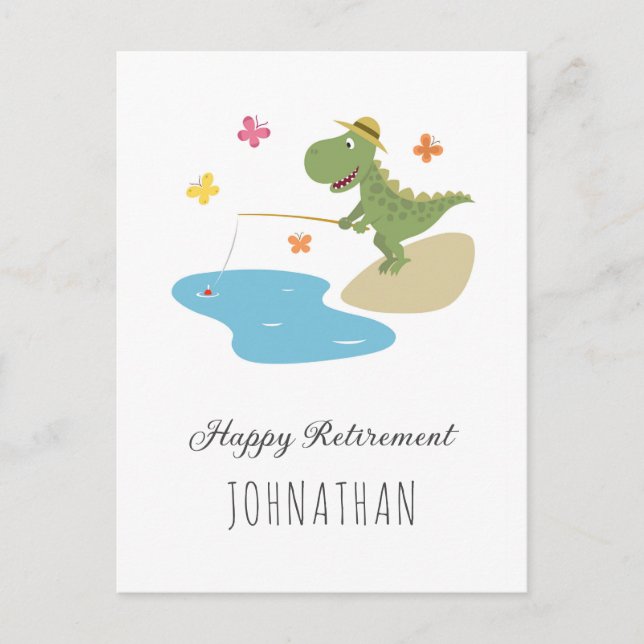 Happy Pension Niedlicher Cartoon Dinosaur Angeln Postkarte (Vorderseite)