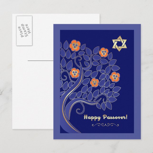 Happy Pessach. Frühlingsblütenbaum Postkarte (Vorne/Hinten)