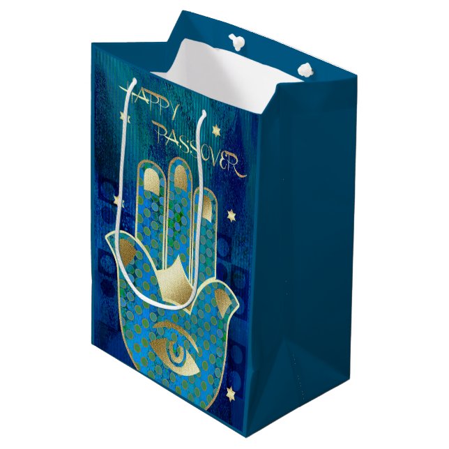 Happy Pessach. Hamsa Lucky Symbol Mittlere Geschenktüte (Vorderseite Schrägansicht)