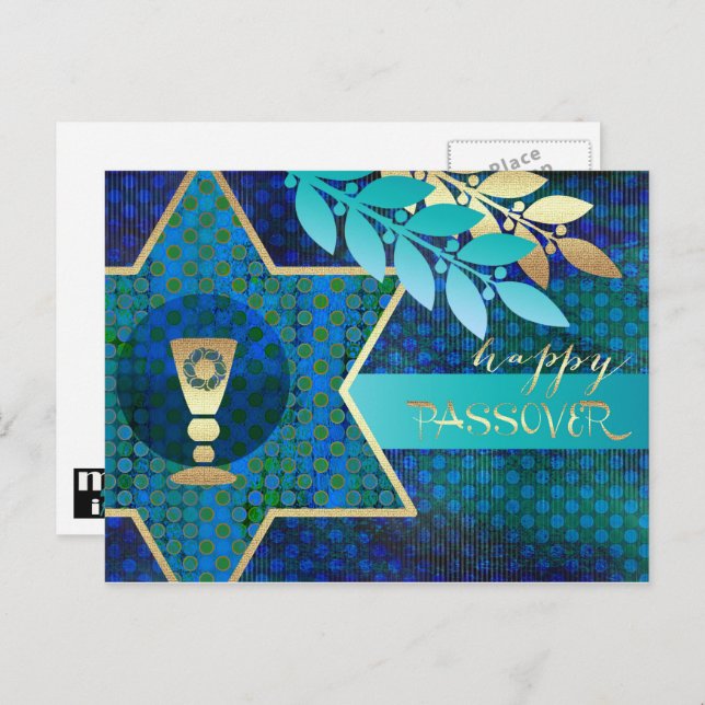 Happy Pessach. Star von David und Kiddush Cup Postkarte (Vorne/Hinten)