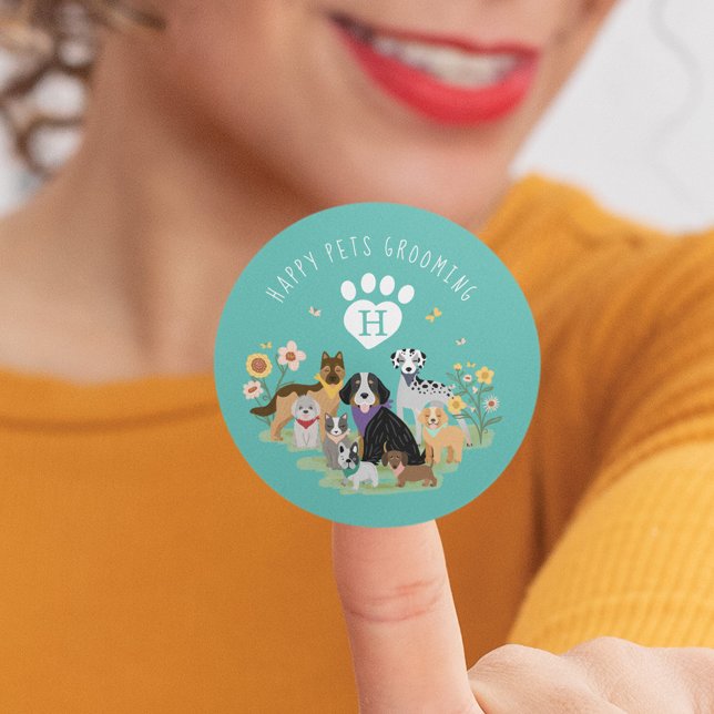 Happy Pet Family Pet Care & Grooming Monogramm Aqu Runder Aufkleber (Von Creator hochgeladen)