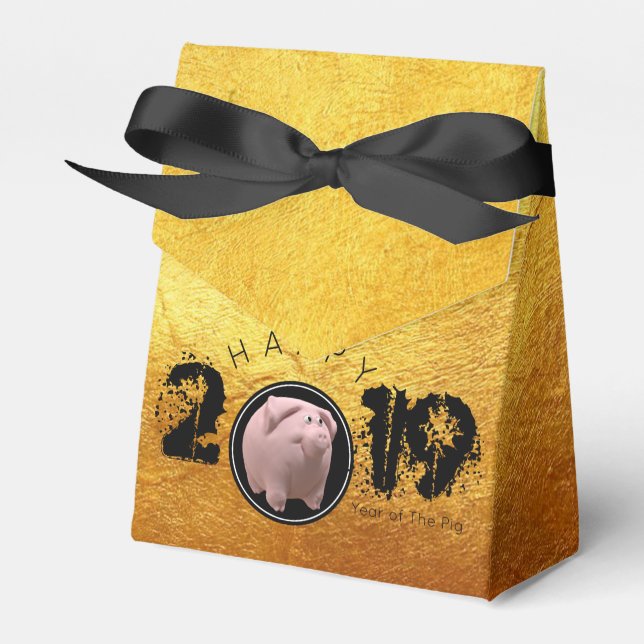 Happy PIg Jahr 2019 Original 3D Gold Gefälligkeit  Geschenkschachtel (Vorderseite)