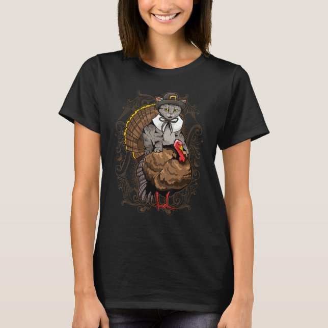 Happy Pilgrim Cat Erntedank Kostüm Turkey Holi T-Shirt (Vorderseite)