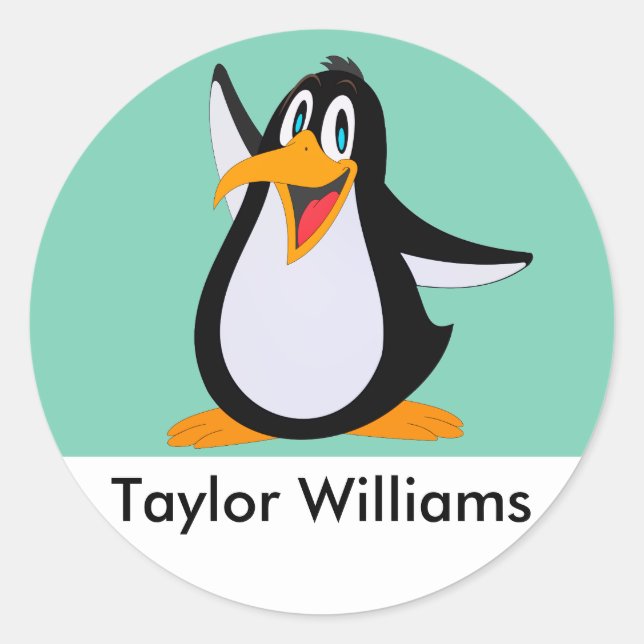 Happy Pinguin Cartoon mit Individuelle Name Runder Aufkleber (Vorderseite)