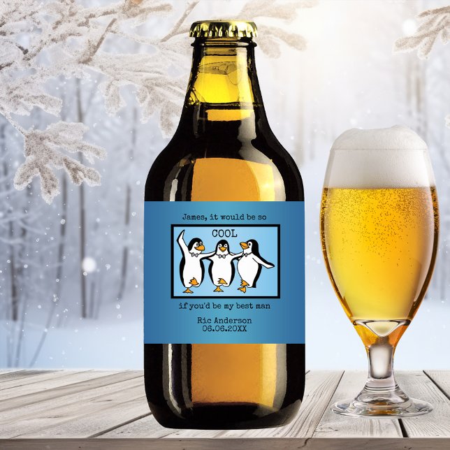 Happy Pinguin Dancing Trauzeugen Beer Label Bierflaschenetikett (A cute beer label featuring happily dancing cartoon penguins. Great to ask a best man)