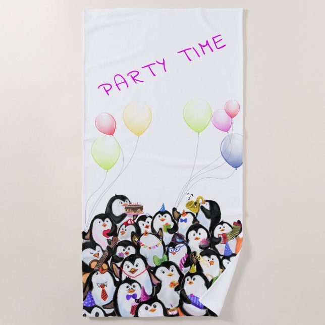 Happy Pinguins Party Beach Handtuch Cartoon (Vorderseite)
