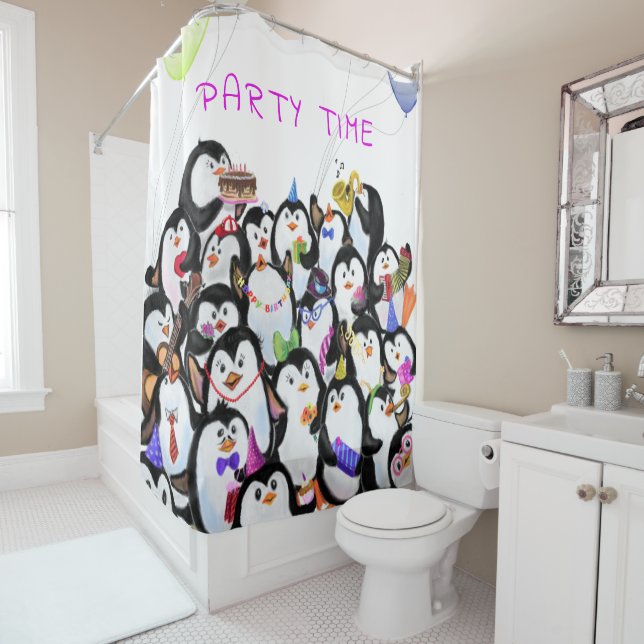 Happy Pinguins Party Cartoon Zeichnend - Niedlich  Duschvorhang (Beispiel)