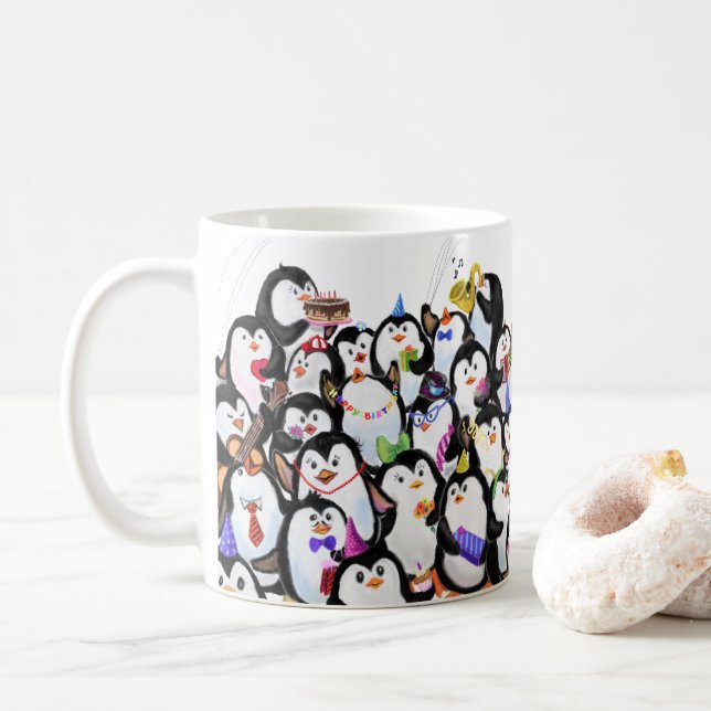 Happy Pinguins Party Cartoon Zeichnend - Niedlich  Kaffeetasse (Mit Donut)