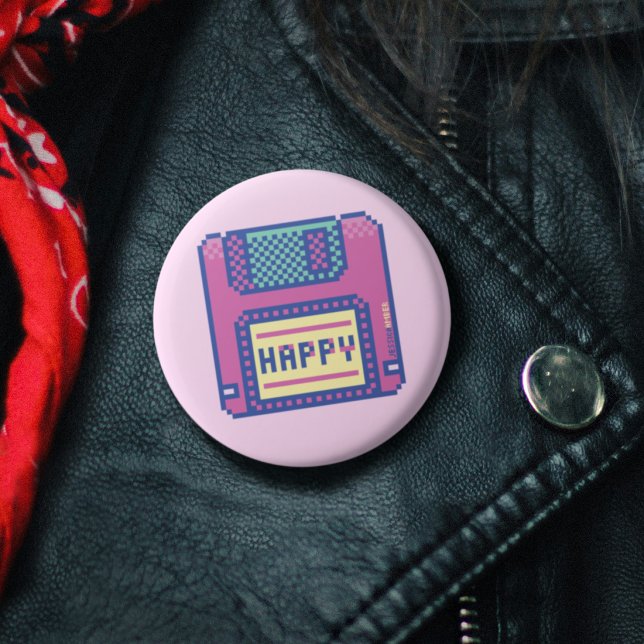 Happy Pink Blue Pixel Art 90s Diskette Button (Happy Pink Blue Pixel Art 90s Floppy Disk Button)
