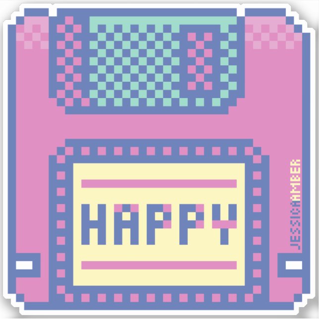 Happy Pink Blue Pixel Art 90s Diskette Sticker (Vorderseite)