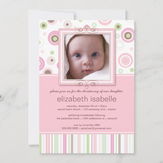 Happy Pink Dots Baby Foto Einladung feiern (Vorderseite)