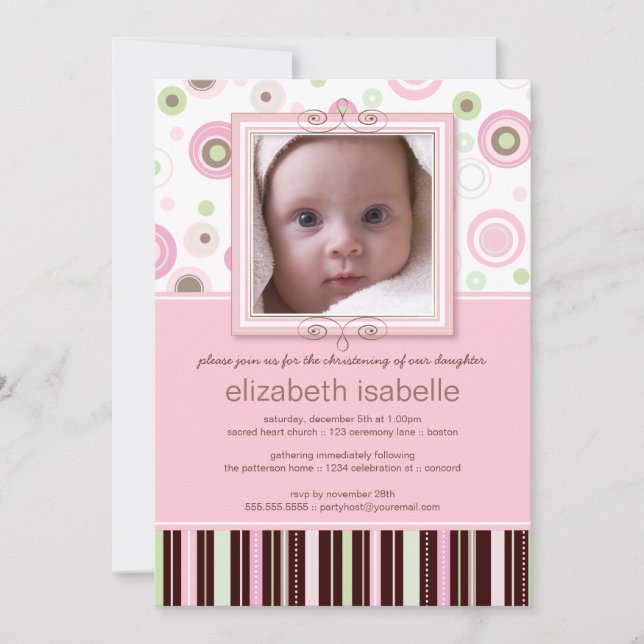 Happy Pink Dots Baby Foto Einladung feiern (Vorderseite)