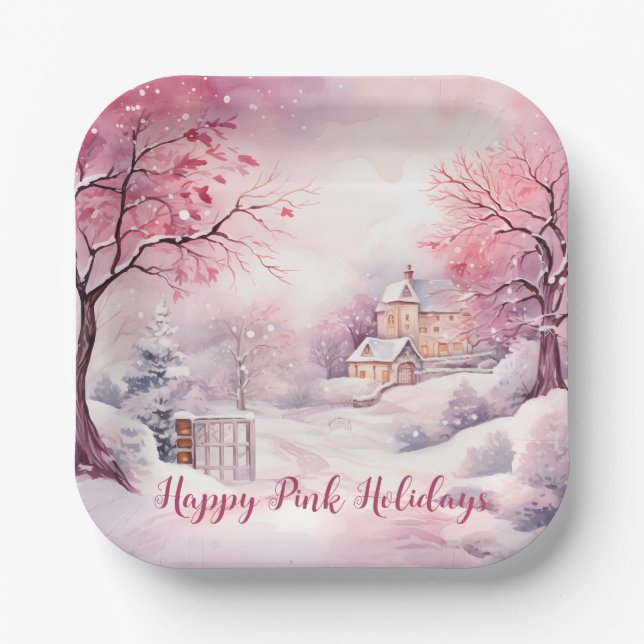 Happy Pink Holidays Weihnachtsschnee Szene Pappteller (Vorderseite)
