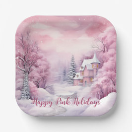 Happy Pink Holidays Weihnachtsschnee Szene Pappteller
