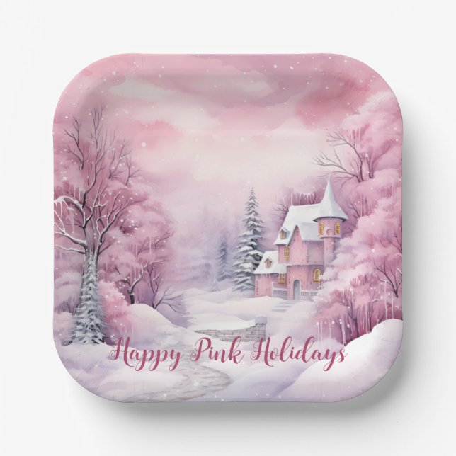 Happy Pink Holidays Weihnachtsschnee Szene Pappteller (Vorderseite)