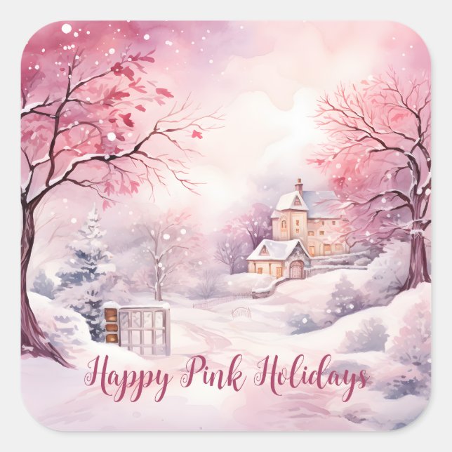 Happy Pink Holidays Weihnachtsschnee Szene Quadratischer Aufkleber (Vorderseite)