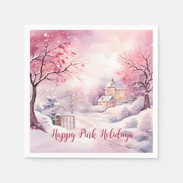 Happy Pink Holidays Weihnachtsschnee Szene Serviette (Vorderseite)