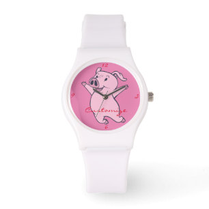 Happy Pink Pig Jumping Thunder_Cove Armbanduhr