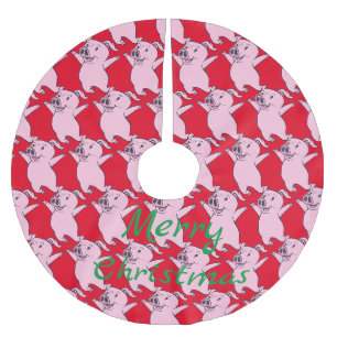 Happy Pink Pig Jumping Thunder_Cove Polyester Weihnachtsbaumdecke