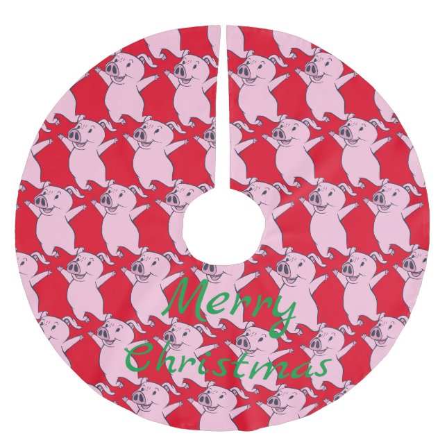 Happy Pink Pig Jumping Thunder_Cove Polyester Weihnachtsbaumdecke (Vorderseite)