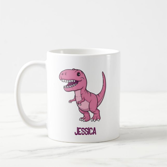 Happy Pink T-Rex Dino mit Kindername Kaffeetasse (Links)