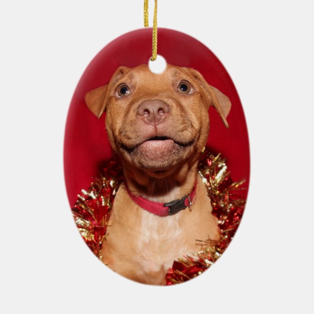 Happy Pitbulle Welpen Weihnachten Keramik Ornament (Hinten)
