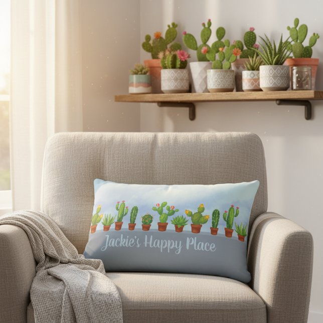 Happy Place Personalisiert Cactus Lover's Decorati Lendenkissen (Cactus lover's happy place pillow with custom name!)