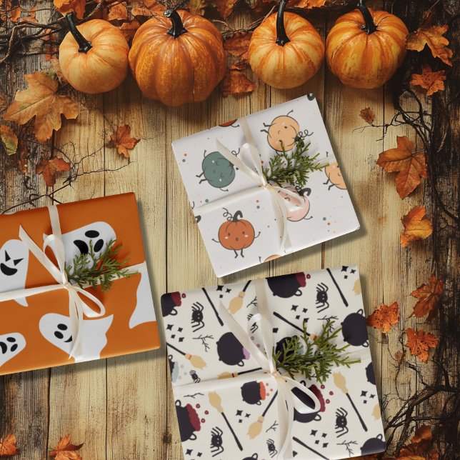 Happy Pumpkins und Halloween-Geist Geschenkpapier Set (Happy Pumpkins and Halloween ghost Wrapping Paper Sheets)
