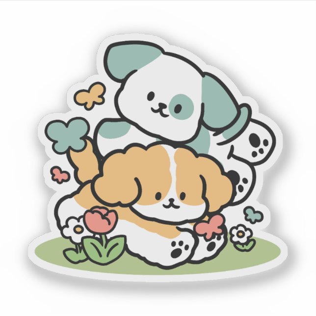Happy Puppies Rolling in May - Kawaii Hund Kunst Aufkleber (Vorderseite)