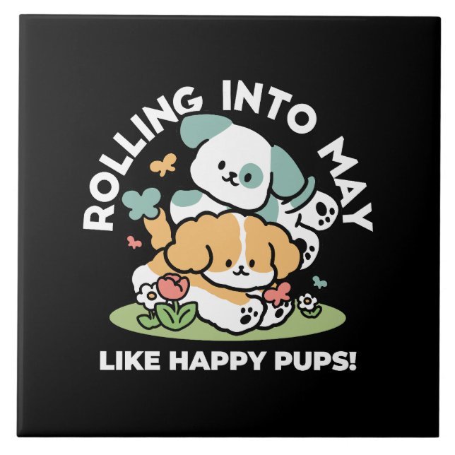 Happy Puppies Rolling in May - Kawaii Hund Kunst Fliese (Vorderseite)