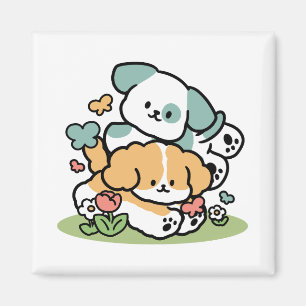 Happy Puppies Rolling in May - Kawaii Hund Kunst Magnet