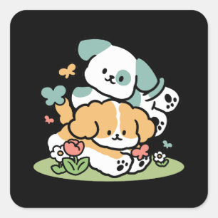 Happy Puppies Rolling in May - Kawaii Hund Kunst Quadratischer Aufkleber