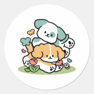 Happy Puppies Rolling in May - Kawaii Hund Kunst Runder Aufkleber