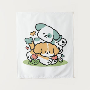 Happy Puppies Rolling in May - Kawaii Hund Kunst Wandteppich