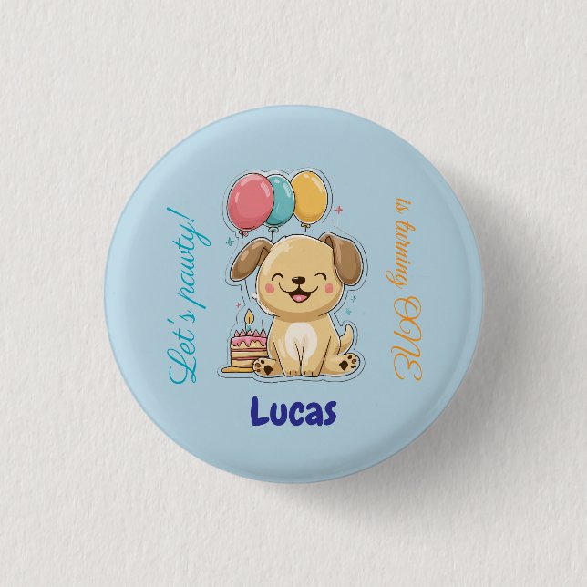Happy Puppy, Boy, Let's Pawty, 1st Birthday  Button (Vorderseite)