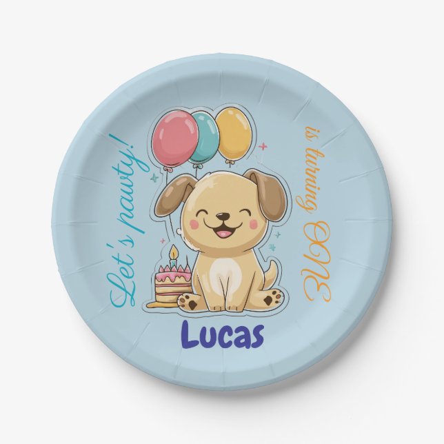 Happy Puppy, Boy, Let's Pawty, 1st Birthday  Pappteller (Vorderseite)