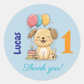Happy Puppy, Boy, Let's Pawty, 1st Birthday  Runder Aufkleber
