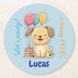 Happy Puppy, Boy, Let's Pawty, 1st Birthday  Runder Pappuntersetzer