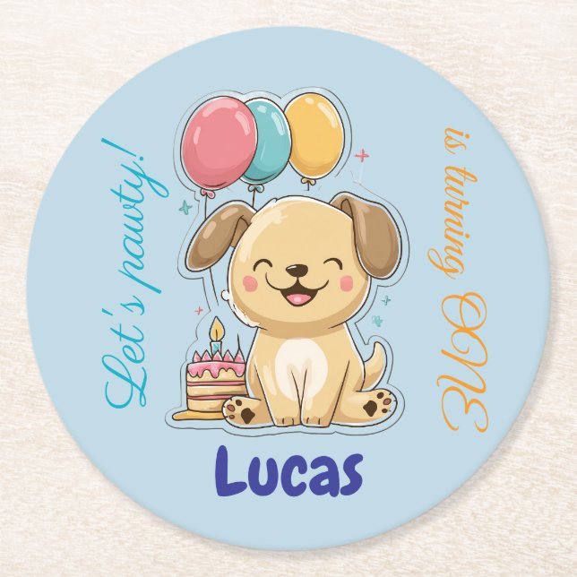 Happy Puppy, Boy, Let's Pawty, 1st Birthday  Runder Pappuntersetzer (Vorderseite)