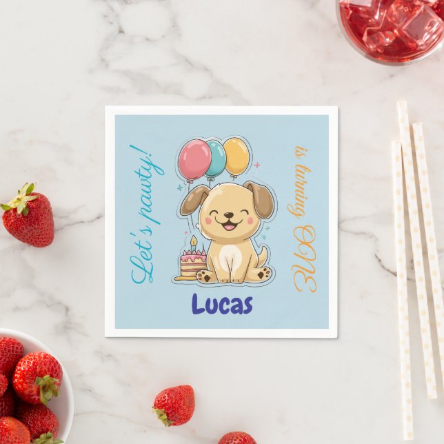 Happy Puppy, Boy, Let's Pawty, 1st Birthday  Serviette (Beispiel)