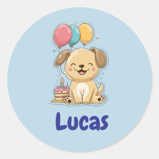Happy Puppy, Boy, Personalized Birthday  Runder Aufkleber